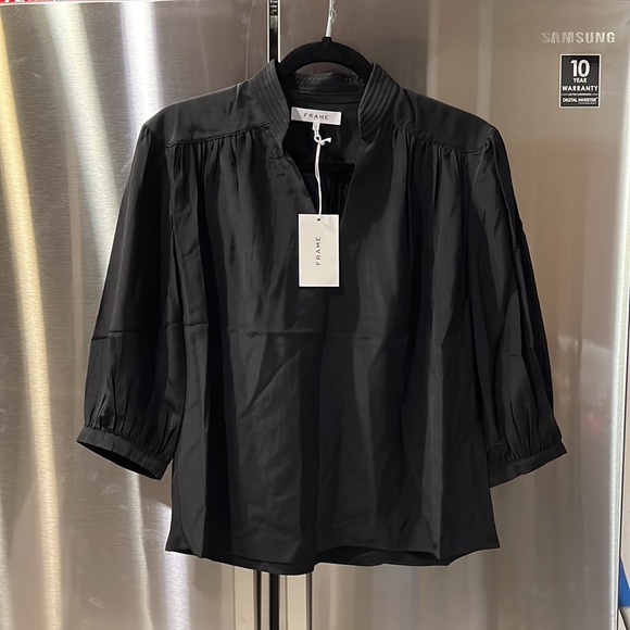 FRAME Cali Gathered Silk Top size XS color Noir - Picture 7 of 11